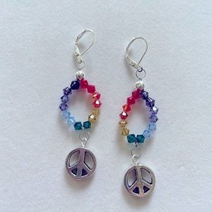 HAND CRAFTED Earrings Silvertone Peace  Sign Rainbow Colors Pride